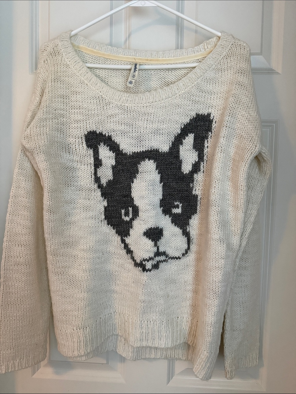 Aeropostale Cream Crewneck Sweater with Boston Terrier Dog Graphic